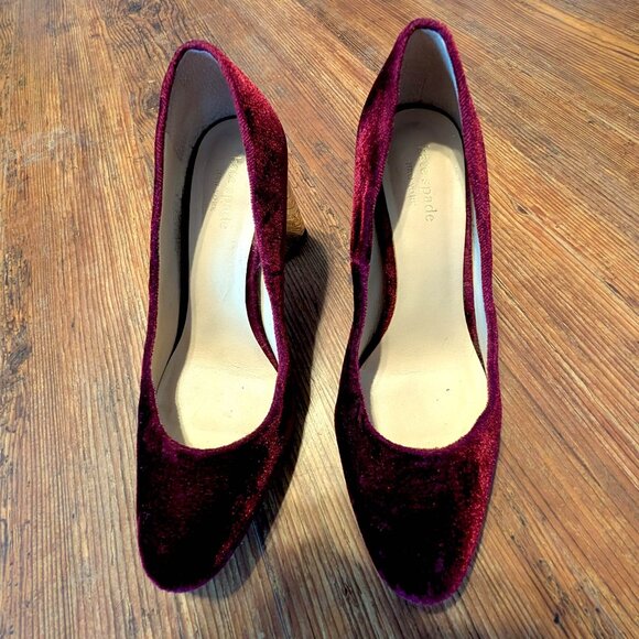 Kate Spade Sybil Burgundy Velvet Pumps with Rhinestone Block Heels Vero Cuoio - Picture 6 of 14